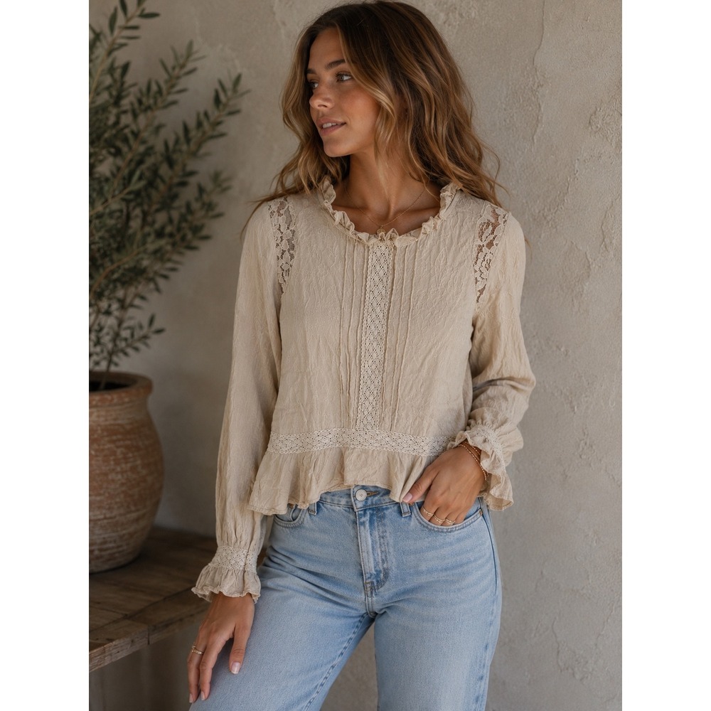 Band of Gypsies Beige Lace Embroidered Peplum Blouse XL Long Sleeve Boho Top